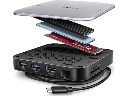 AXAGON HMC-UFO, USB 10Gbps hub, 2x USB-A, USB-C, HDMI 4k/60, RJ-45, M.2 slot, SD/mSD, audio, PD