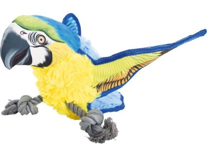 Ara Ararauna papoušek na laně HipHop Dog, 35 cm, robustní hračka pro psy, žlutá/modrá