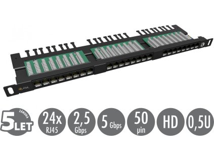 19" patch panel Solarix 24xRJ45 CAT5E UTP s vyvazovací lištou černý 0,5U SX24HD-5E-UTP-BK