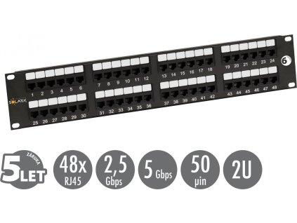 19" patch panel Solarix 48 x RJ45 CAT6 UTP 350 MHz černý 2U SX48-6-UTP-BK