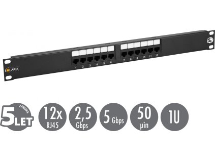 19" patch panel Solarix 12 x RJ45 CAT5E UTP 150 MHz černý 1U SX12-5E-UTP-BK