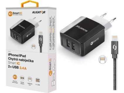 Chytrá síťová nabíječka ALIGATOR 3.4A, 2xUSB, smart IC, černá, kabel pro iPhone/iPad 2A