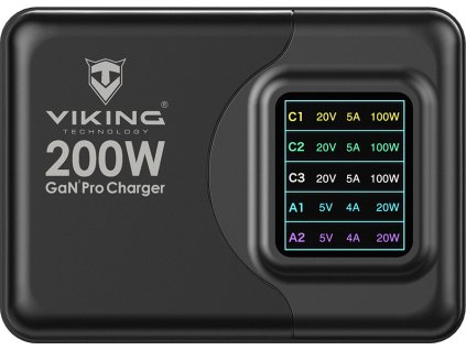 Viking USB GaN charger 200W PD PRO/síťový adaptér/Output:3xUSB-C,2xUSB-A/Rychlo nabíjení/
