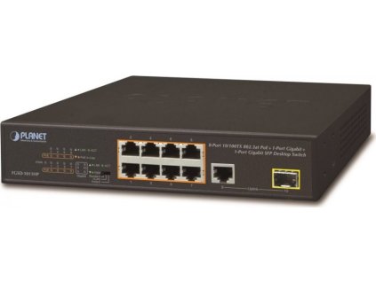 Planet FGSD-1011HP PoE switch, 8x 10/100 PoE, 1x TP + 1x SFP 1000Base-X, extend mód 10Mb, ESD, 802.3at 120W, fanless