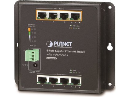 Planet průmyslový plochý switch 8x 1Gb, 4xPoE 30/120W, dual 48-56VDC, IP30, -40/75st, fanless