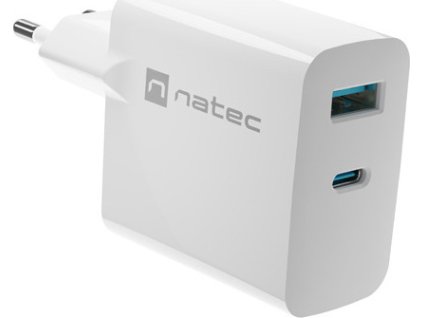Univerzální USB nabíječka Natec RIBERA GaN 1X USB-A + 1X USB-C 65W, Bílá