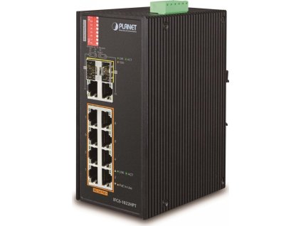 Planet IFGS-1022HPT průmyslový PoE switch, 8x100Mb + 2x1Gb/SFP, PoE 802.3at 30/240W, -40až75°C, dual 48-54VDC, IP30
