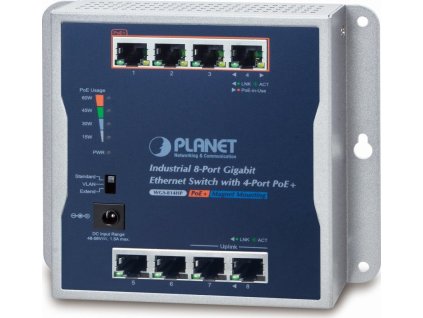Planet průmyslový plochý switch 8x 1Gb, 4x PoE 30/60W, 48-56V, IP30, -20/60st, fanless