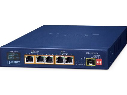 Planet BSP-115PV-15A  solární PoE+ switch, 5x1Gb, 1x1Gb SFP, 5x PoE+ 802.3at, -20~65°C , IP30, LCD displej