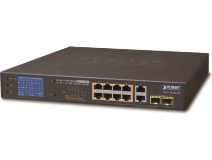 Planet GSD-1222VHP PoE switch, 8x PoE + 2x 1000Base-T + 2x SFP, LCD,VLAN, extend mód 10Mb do 250m, IEEE 802.3at 120W