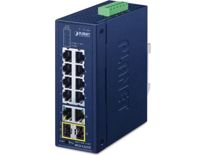 Planet IFGS-1222TF průmyslový L2 switch, 8x 10/100TX, 2x 1Gb, 2x 1Gb SFP, -40~75°C, 9-48VDC, IP30, fanless, RING