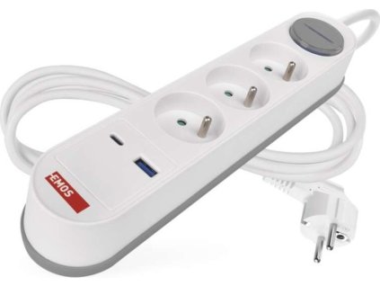 Prodlužovací kabel 2 m / 3 zásuvky / s vypínačem / bílo-šedý / 1×USB-A + 1×USB-C / 1,5 mm2