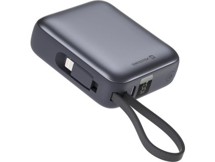 Swissten Power bank 10000 mAh s integrovanými kabely - USB-C, A, Lightning / šedá