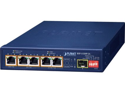 Planet BSP-115HP-5A Hybridní PoE solární switch, 5x 1Gb, 1x SFP, 1x PoE++ 802.3bt, 2x 802.3at, 2x at/pasivní, -20~65°C
