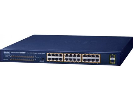 Planet GSW-2620HP PoE switch, 24x1Gb + 2x SFP 1Gb, VLAN, extend mód 10Mb-250m, 802.3at, 802.3az, 240W PoE Budget