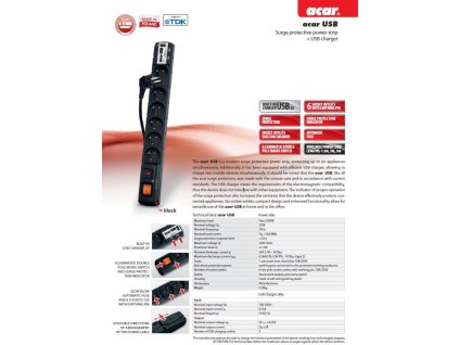 Acar USB 3m kabel 6 zásuvek 2xUSB přep.ochr.černý