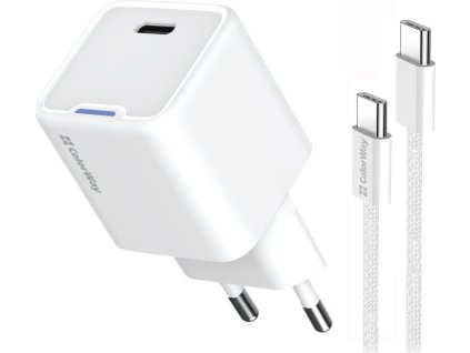COLORWAY 1x USB-C/ síťová nabíječka/ GaN/ PD/ PPS/ 25W/ Včetně 100cm kabelu/ Bílá