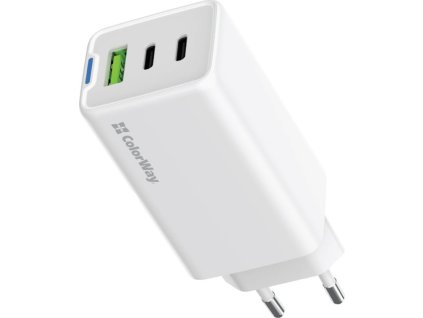 COLORWAY 2x USB-C, 1x USB-A/ síťová nabíječka/ GaN/ PD/ PPS/ 65W/ Bílá