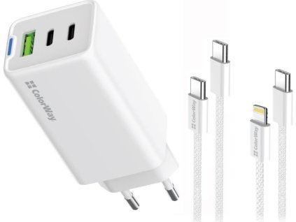 COLORWAY 2x USB-C, 1x USB-A/ síťová nabíječka/ GaN/ PD/ PPS/ 65W/ Včetně 2x kabelů, USB-C-USB-C, USB-C-Lightning/ Bílá