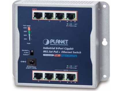 Planet průmyslový plochý switch 8x 1Gb, 8x PoE 30/120W, 48-56V, IP30, -20/60st, fanless