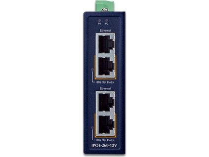 Planet IPOE-260-12V PoE průmyslový injektor, 2x port, 4x1Gb, 2x 802.3at 36/72W, DIN, IP30, -40~75°C, dual power 12-56VDC
