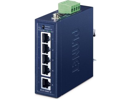 Planet IGS-500T-E, 5x 1000Base-T, DIN, IP40, rozšířený teplotní rozsah -40~75°C, ESD+EFT do 6kV, triple 12~55VDC, 250m