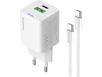 COLORWAY 1x USB-C/ 1x USB-A/ síťová nabíječka/ GaN/ PD/ PPS/ 20W/ Bílá + 1x USB-C kabel