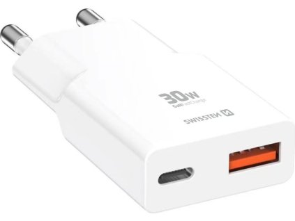 Swissten tenký síťový adaptér GaN USB-C + USB-A 30w bílý