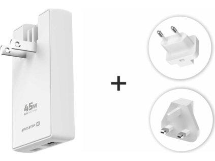 Swissten cestovní adaptér GaN USB-C + USB-A 45w výměnné vidlice (US, EU, UK) bílý