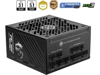 MSI zdroj MPG A1250GS PCIE5/ 1250W/ ATX3.1/ akt. PFC/ 10 let celk. záruka/ 135mm fan/ modulární kabeláž/ 80PLUS Gold