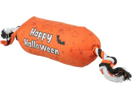 Válec HALLOWEEN, plyšová hračka se zvukem, na laně, 30 cm, oranžová - LIMITOVANÁ NABÍDKA
