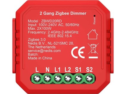 NEDIS chytrý duální spínač osvětlení/ 2x 100W/ připojení terminálu/ Zigbee 3.0/ Android/ iOS/ Nedis® SmartLife/ červený