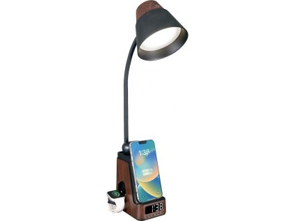 IMMAX LED stolní lampička IDEAL/ Qi nabíjení/ CCT/ 8W/ 800lm/ budík s hodinami/ tmavé dřevo/černá