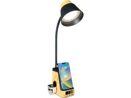 IMMAX LED stolní lampička IDEAL/ Qi nabíjení/ CCT/ 8W/ 800lm/ budík s hodinami/ světlé dřevo/černá