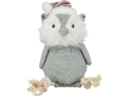 Vánoční sova na laně, se zvukem,  31 cm, plyš/bavlněné lano, šedá/bílá/béžová