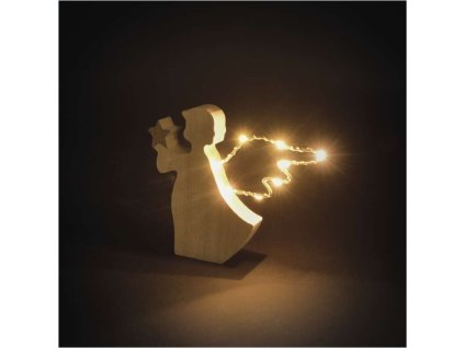LED dekorace dřevěná – anděl, 13 cm, 2x AAA, vnitřní, teplá bílá, časovač