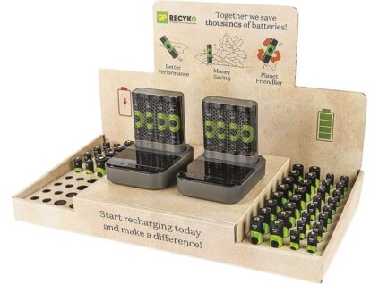Stojan GP ReCyko Premium / 2×nabíječka GP + dock / 26×AA + 16×AAA / 2×USB-A adaptér