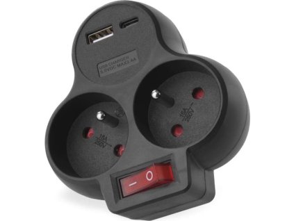 Rozbočovací zásuvka 2×, vyp., 1×USB-A+1×USB-C, černá