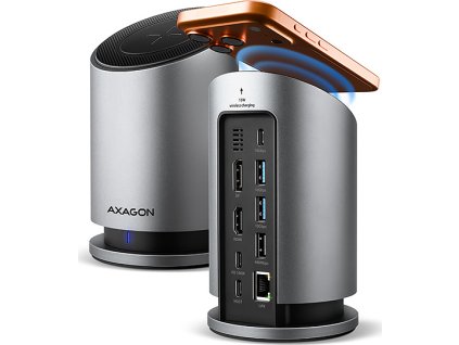 AXAGON HMC-WL9, USB 10Gbps hub s Qi, 3x USB-A, USB-C, HDMI & DP 4k/60Hz, RJ-45, PD 100W, kabel 60cm
