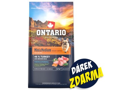 Krmivo Ontario Mini & Medium Weight Control Turkey 6,5kg+ 3 konzervy 200g ZDARMA
