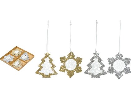 ozdoby dřevěné bílé s glitrem 4ks/7,5cm mix 8886104