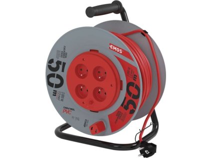 Prodlužovací kabel na bubnu, pevný střed / 50m / 4 zásuvky / červený / PVC / 230V / 1,5mm2