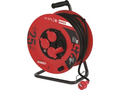 Venkovní prodlužovací kabel na bubnu 25 m / 4 zásuvky / černý / guma / 230 V / 1,5 mm2