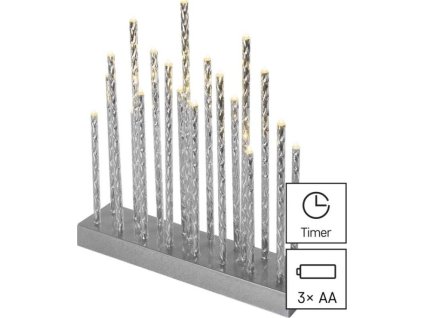 LED svícen stříbrný, 28,5 cm, 3x AA, vnitřní, teplá bílá, časovač