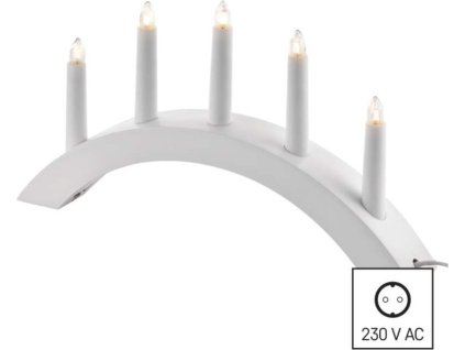Svícen na 5x žárovičku E10 dřevěný bílý, oblouk, 20x38 cm, vnitřní, teplá bílá