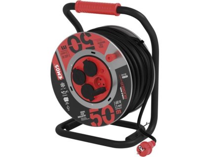Venkovní prodlužovací kabel na bubnu 50 m / 4 zás. / černý / guma-neopren / 230V / 1,5 mm2