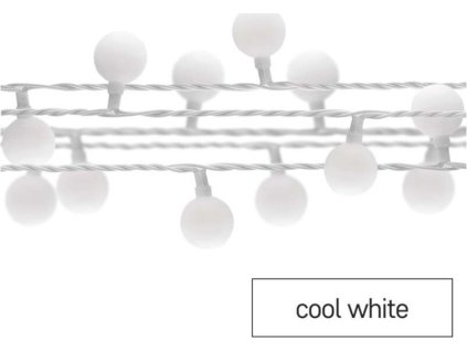 LED světelný cherry řetěz – kuličky 2,5 cm, 4 m, venkovní i vnitřní, studená bílá, časovač