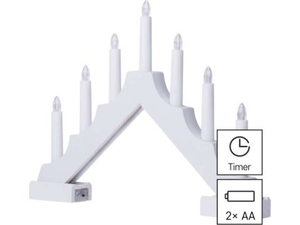 LED svícen dřevěný bílý, 29 cm, 2x AA, vnitřní, teplá bílá, časovač