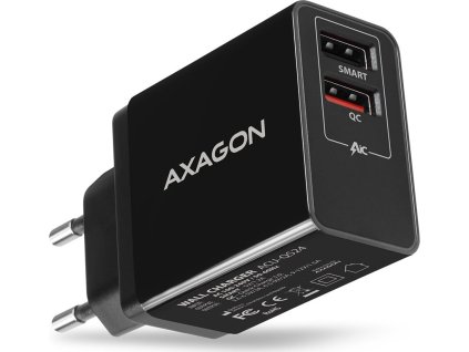 AXAGON ACU-QS24, QC & SMART nabíječka do sítě 24W, 2x USB-A port, QC3.0/AFC/FCP + 5V/1.2A
