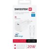 Swissten síťový adaptér gan 1x usb-c 20w power delivery bílý + datový kabel usb-c/usb-c 1,2 m bílý